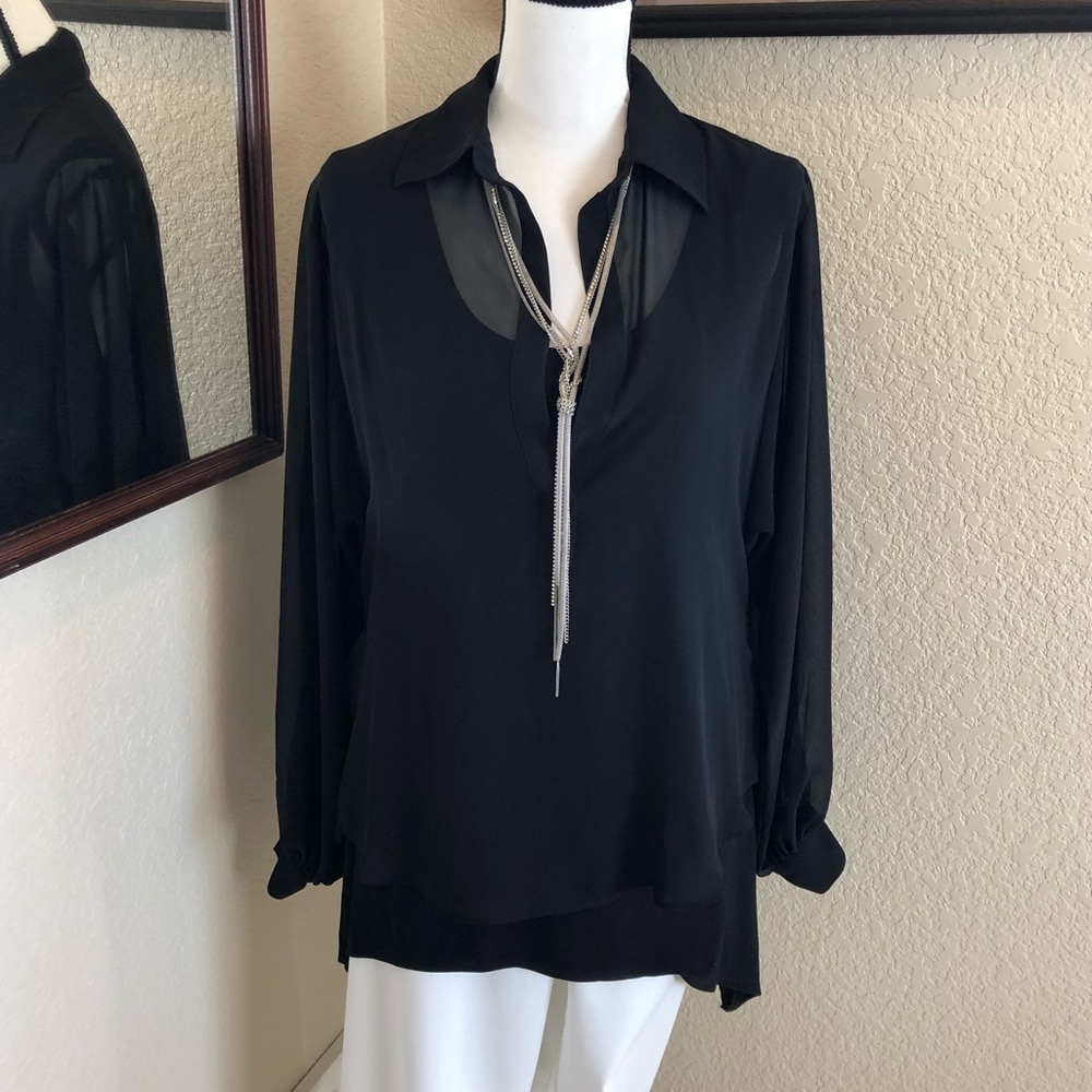 Bisou Sheer Cold Shoulder Hi Lo Blouse - Picture 4 of 8